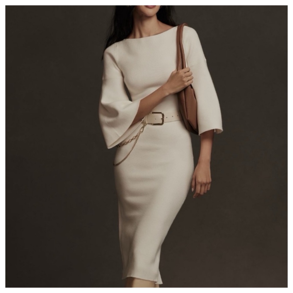 NWT Anthropologie Fluted-Sleeve Elegant Soft Knit Sweater Midi Dress in Ivory, S - Picture 4 of 16